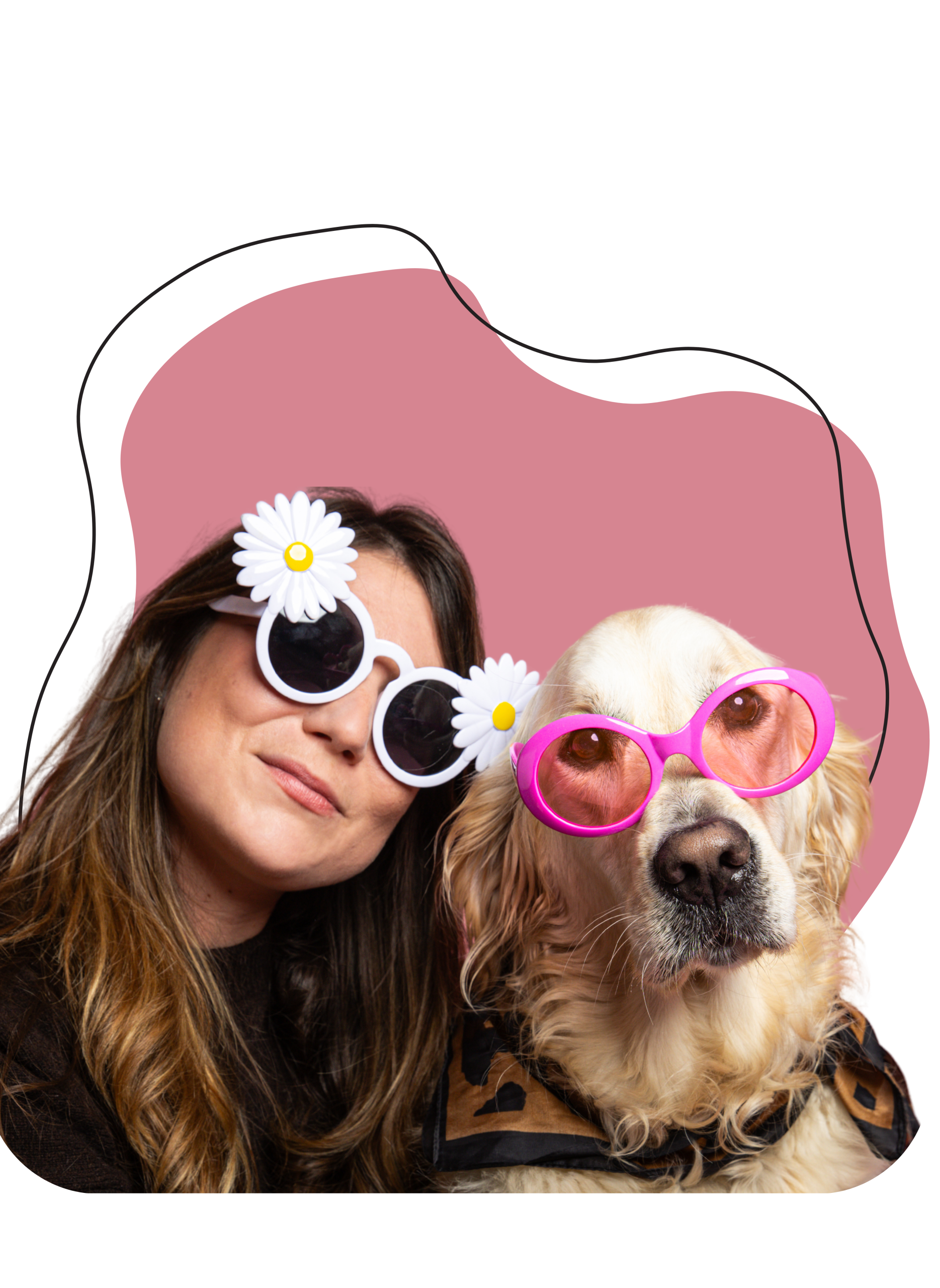 chien avec lunette et son maître dans une bulle rose